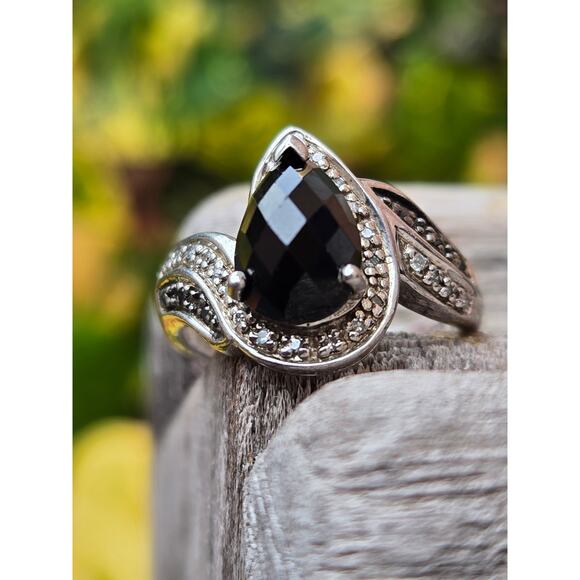 Vintage Solid Sterling Silver Emerald Cut Teardrop/Pear Black Onyx Ring, Sz 6.75 - Picture 1 of 8